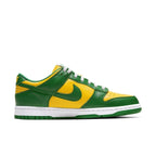 Nike Dunk Low Brazil (2020) sneaker featuring yellow leather upper and green overlays, low-profile design.