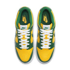 Nike Dunk Low Brazil (2020) featuring yellow leather upper with green overlays and white laces, top view.