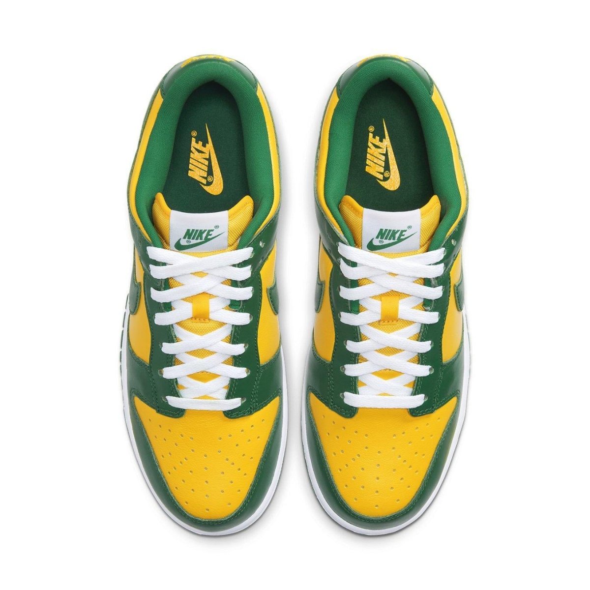 Nike Dunk Low Brazil (2020) featuring yellow leather upper with green overlays and white laces, top view.