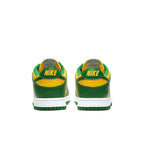 Nike Dunk Low Brazil 2020 sneakers rear view with yellow and green colorway and Nike logo on heel.