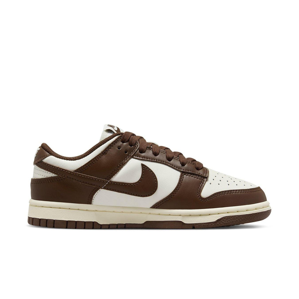 Nike Dunk Low Cacao Wow for women featuring smooth leather in chocolate brown and white.