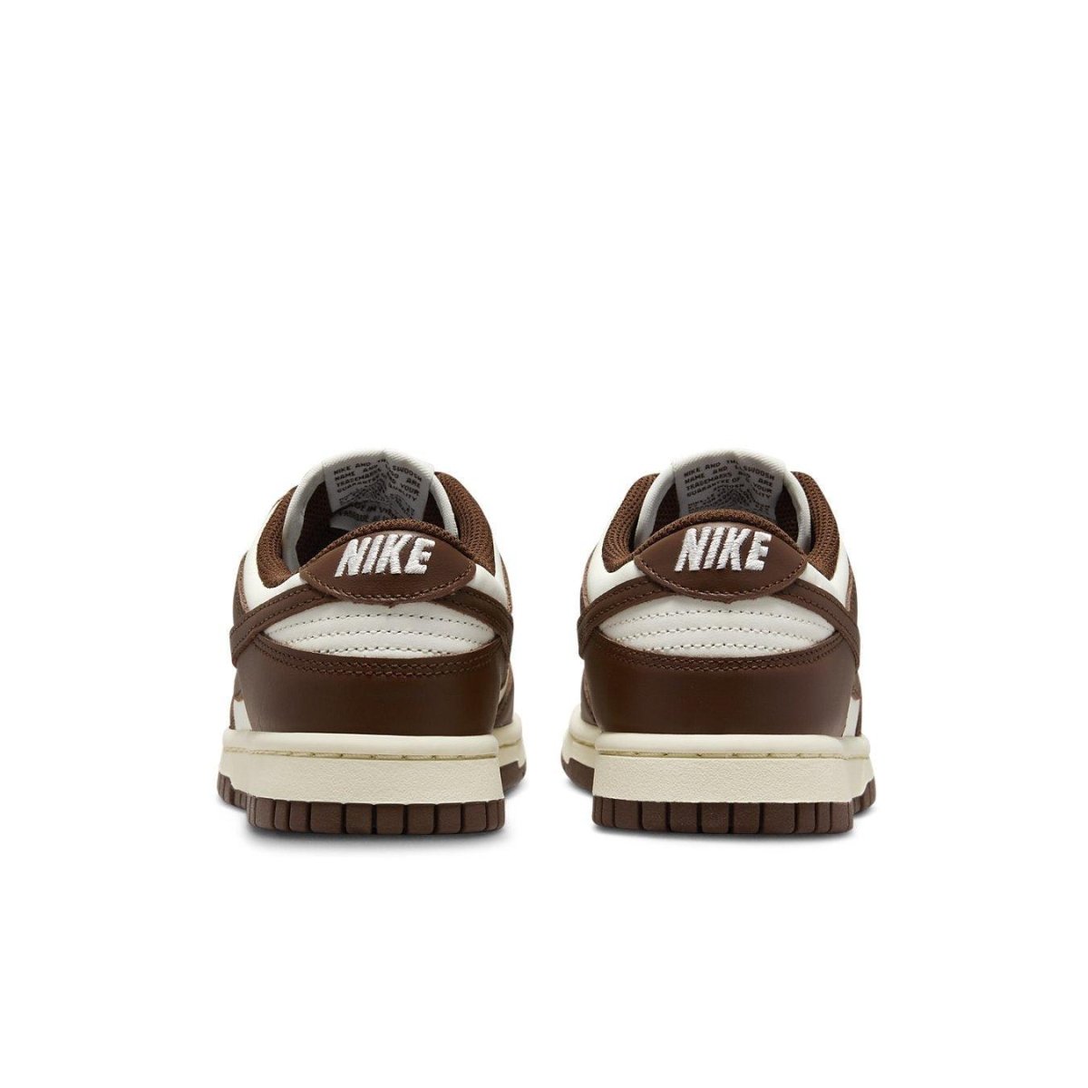 Nike Dunk Low Cacao Wow Women's sneakers with brown accents and white details from the back view.