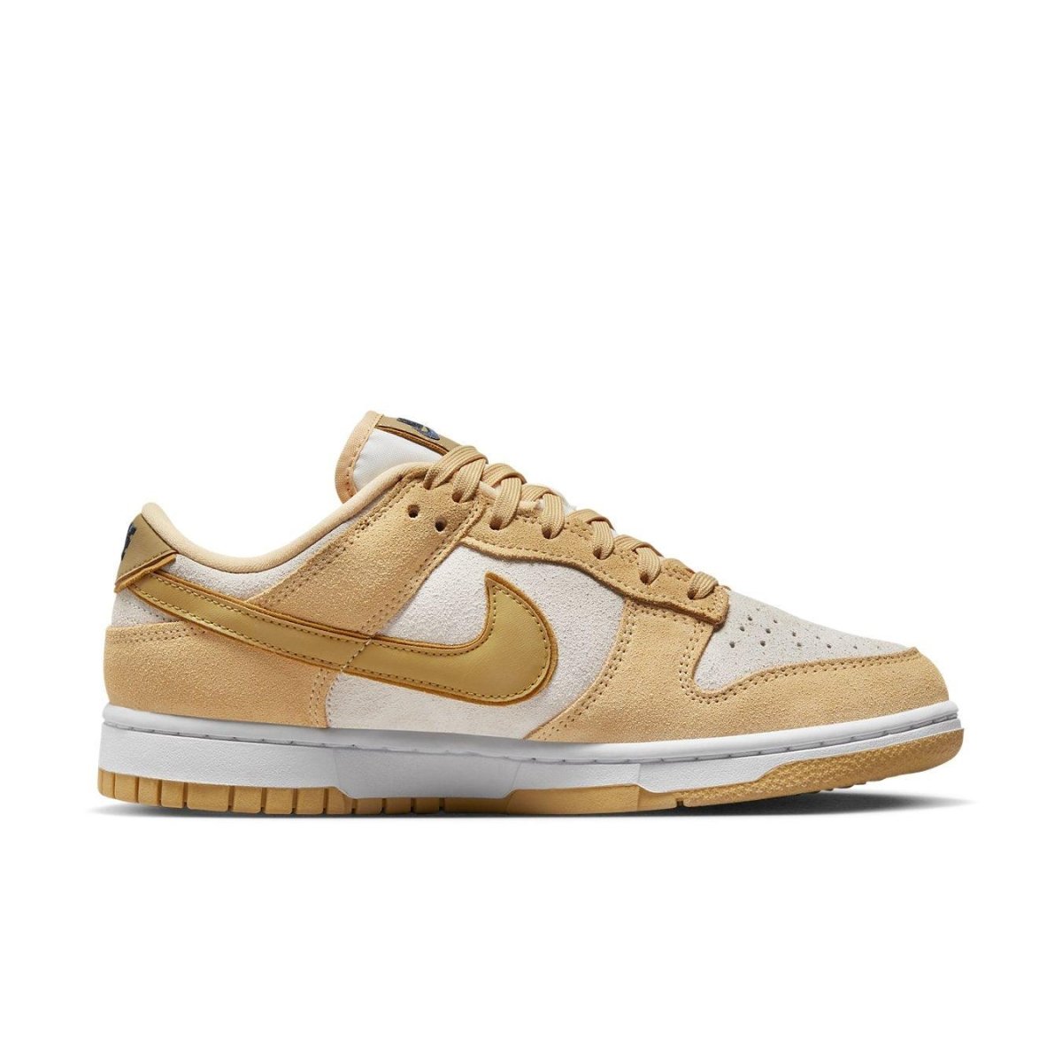 Nike Dunk Low Celestial Gold Suede sneakers in gold and cream with a sleek design and distinctive Swoosh.