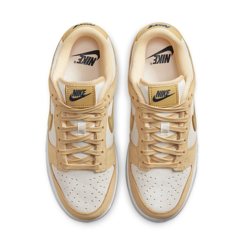 Nike Dunk Low Celestial Gold Suede shoes with beige and white colorway top view.