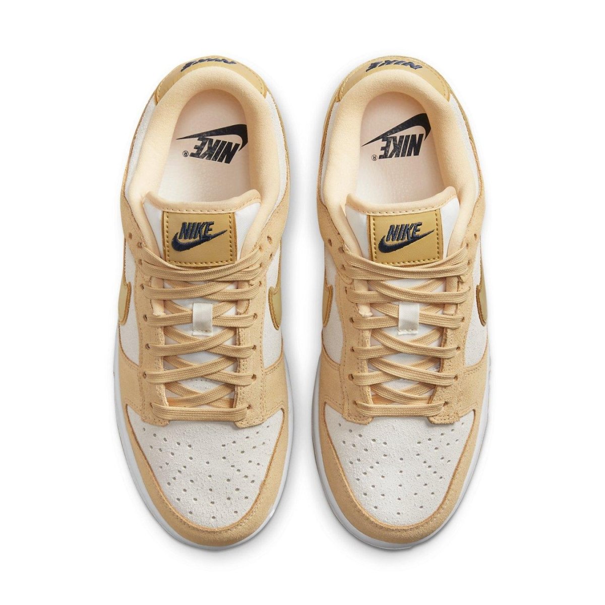 Nike Dunk Low Celestial Gold Suede shoes with beige and white colorway top view.