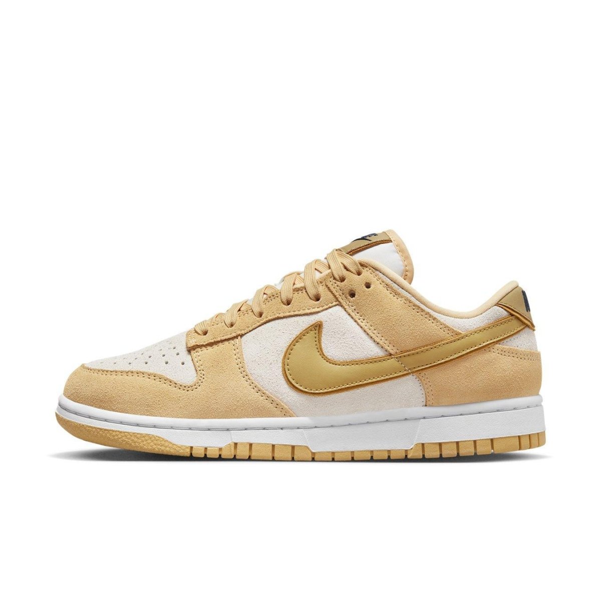 Nike Dunk Low Celestial Gold Suede sneakers featuring padded collar and golden accents, perfect for stylish casual wear.