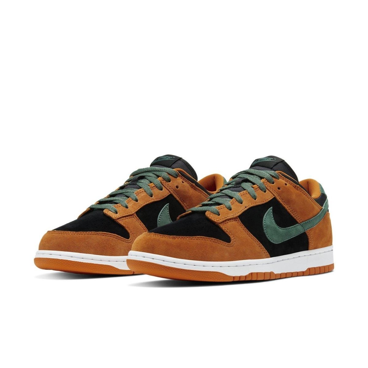 Nike Dunk Low Ceramic (2020) in black, green, and ceramic suede with white sole, showcasing a stylish design.