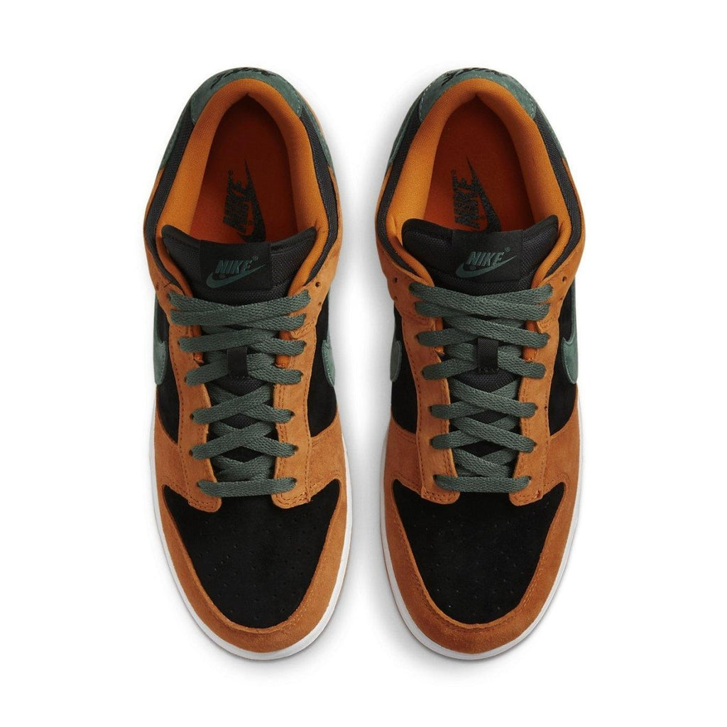 Nike Dunk Low Ceramic 2020 sneakers in suede, featuring black, green, and ceramic tones from a top view.