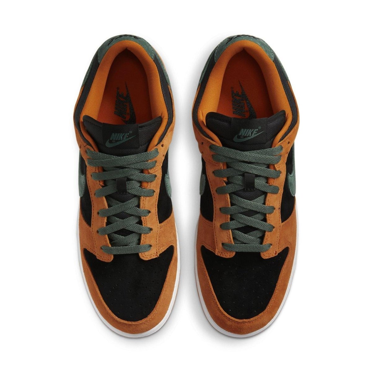 Nike Dunk Low Ceramic 2020 sneakers in suede, featuring black, green, and ceramic tones from a top view.