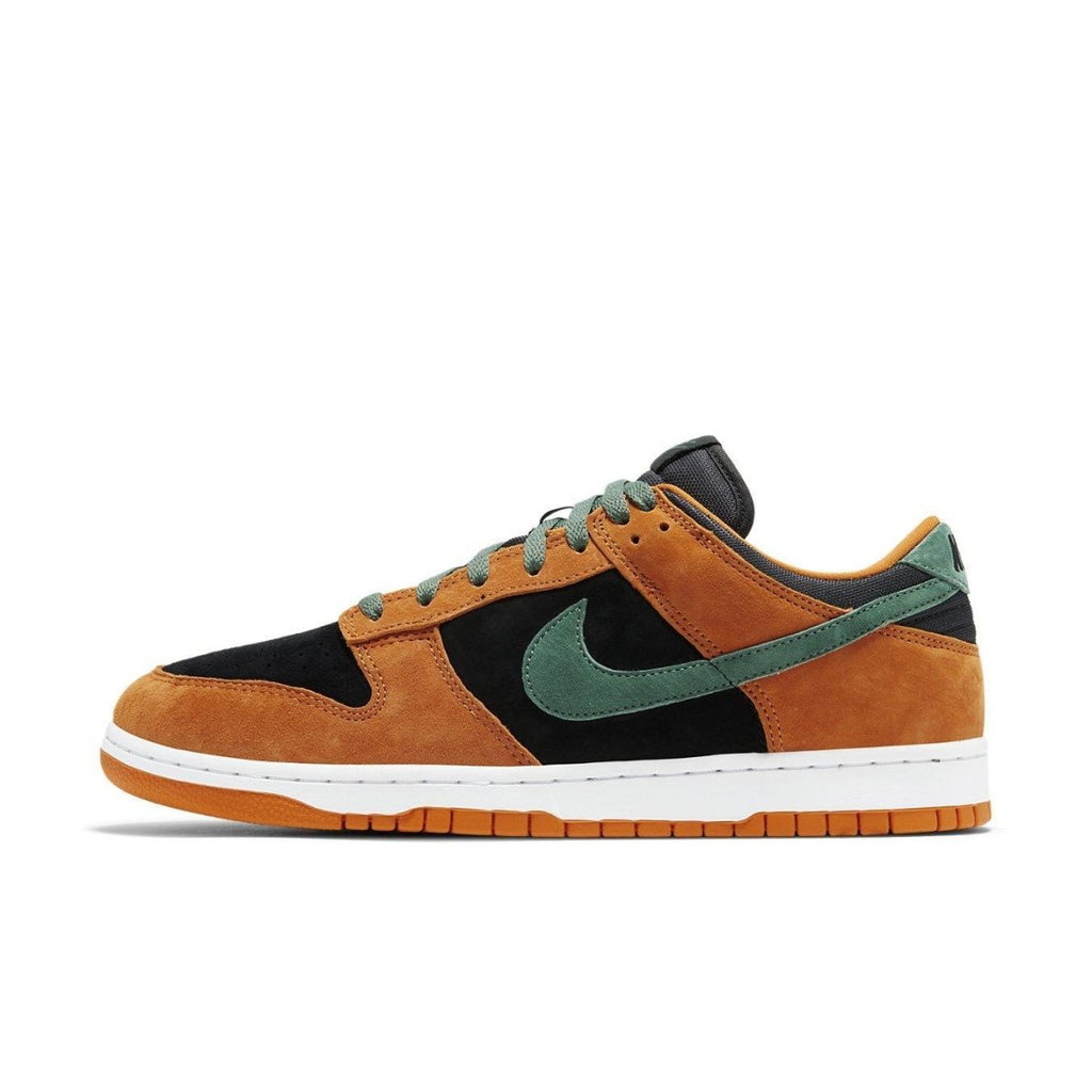 Nike Dunk Low Ceramic 2020 sneaker in black, green, and terracotta suede, featuring stylish design and logo detailing.