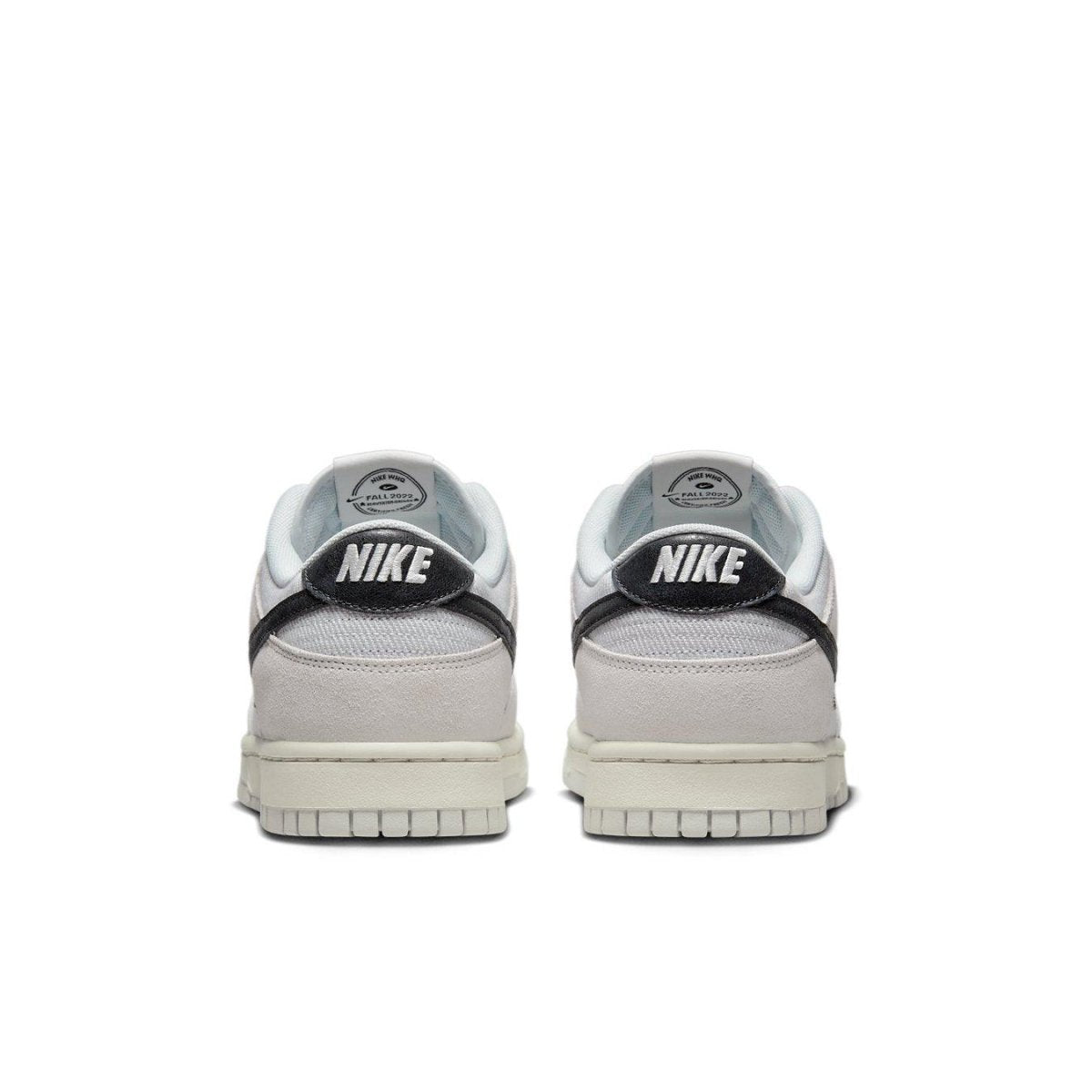 Nike Dunk Low Certified Fresh rear view, featuring a suede and mesh design with a black Swoosh and branding.