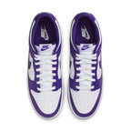 Nike Dunk Low Championship Court Purple sneakers featuring a white and purple color scheme, designed for comfort and style.