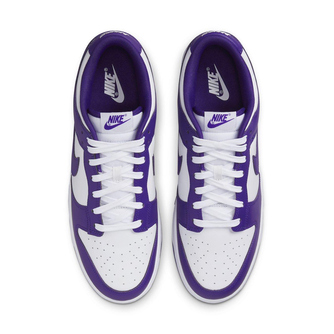 Nike Dunk Low Championship Court Purple sneakers featuring a white and purple color scheme, designed for comfort and style.