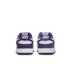 Rear view of Nike Dunk Low Championship Court Purple sneakers showcasing purple and white design.