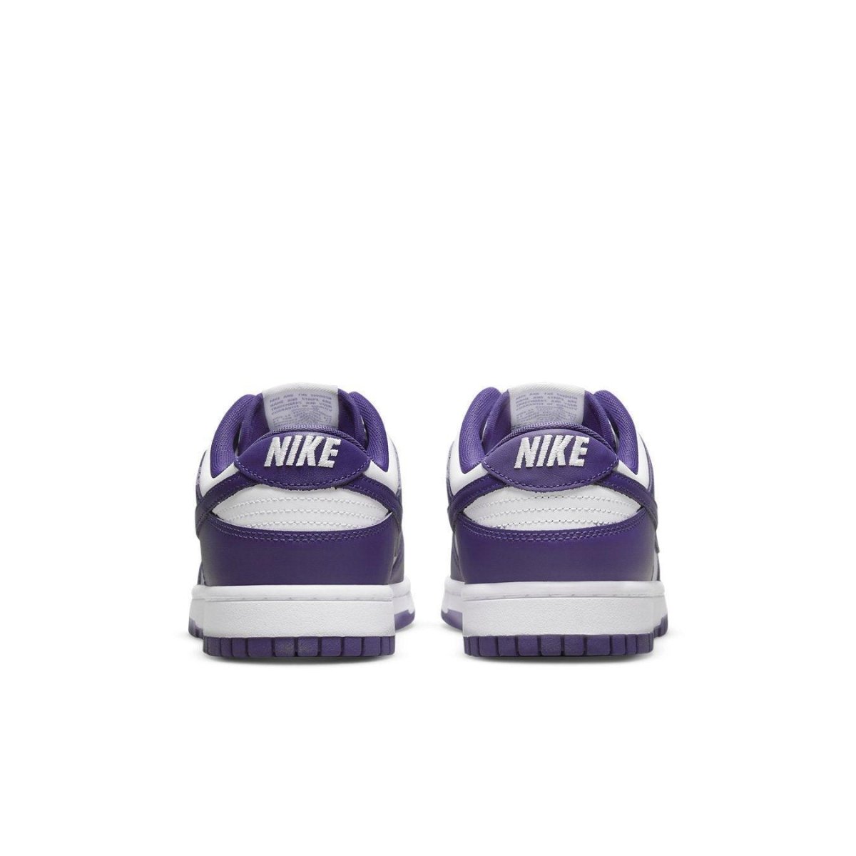 Rear view of Nike Dunk Low Championship Court Purple sneakers showcasing purple and white design.