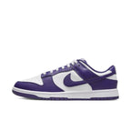 Nike Dunk Low Championship Court Purple sneakers featuring white base and vibrant purple overlays.