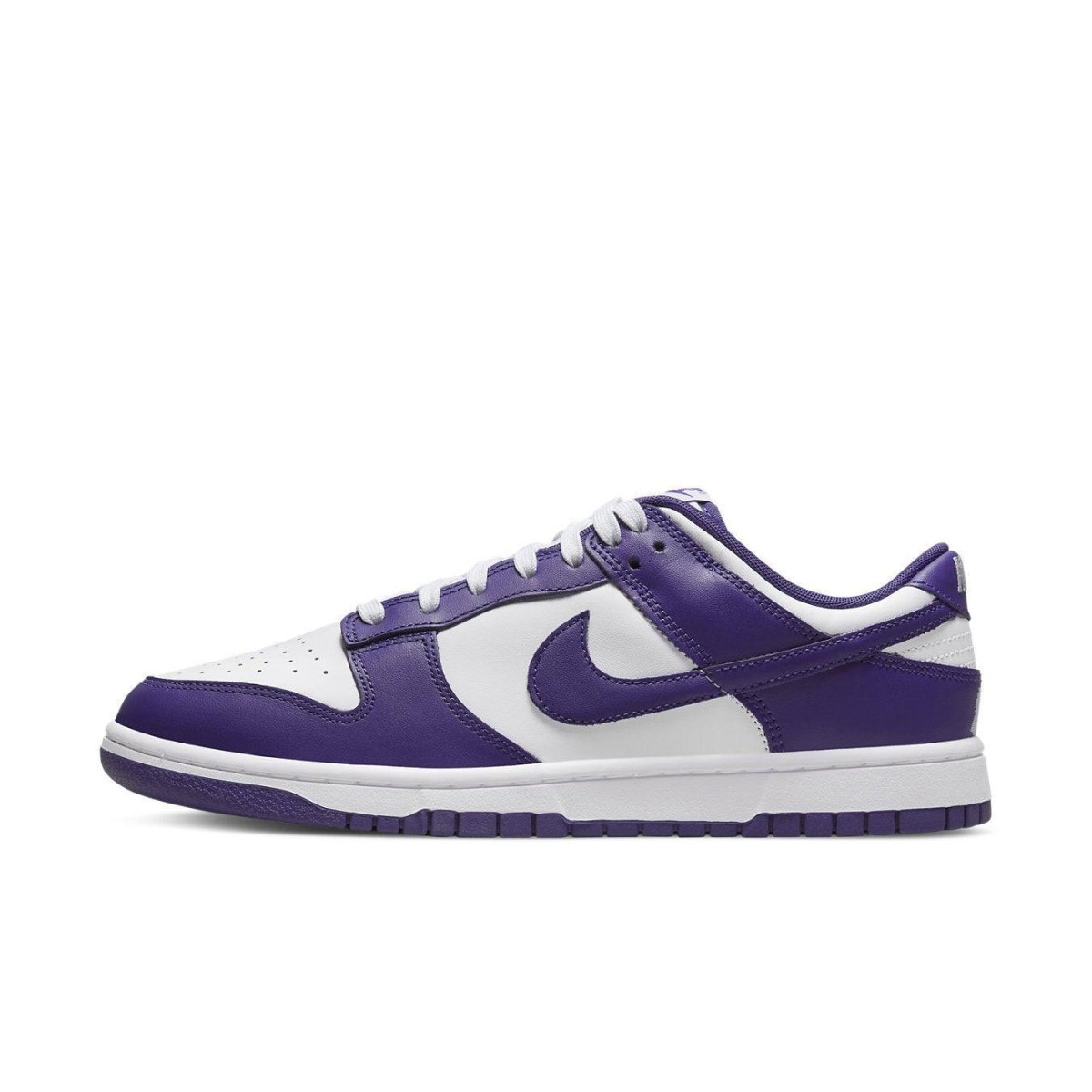 Nike Dunk Low Championship Court Purple sneakers featuring white base and vibrant purple overlays.