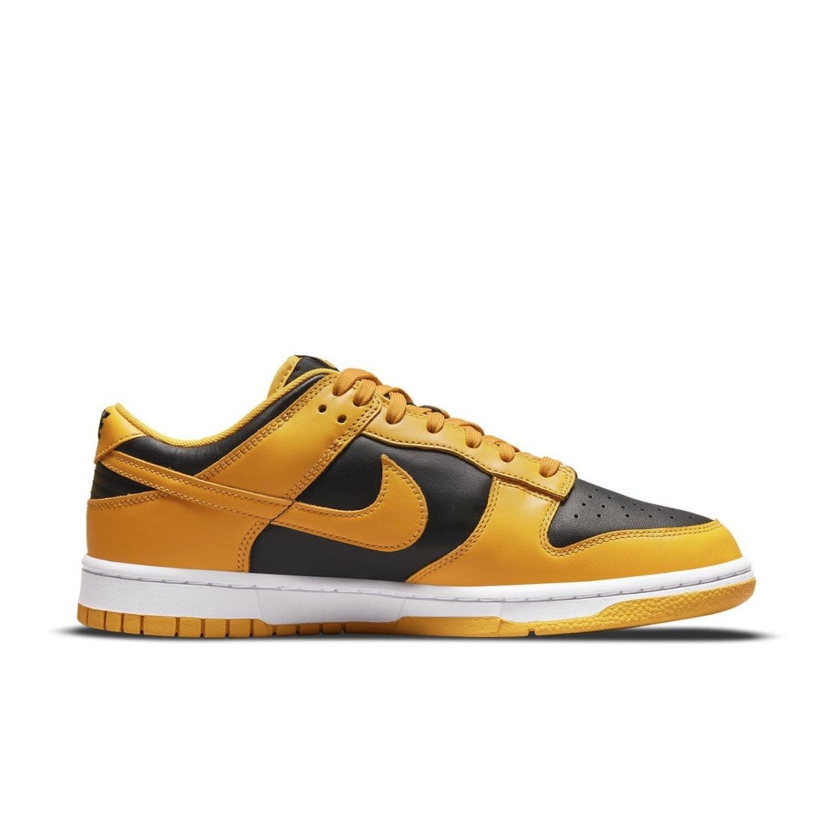 Nike Dunk Low Championship Goldenrod sneakers in black and yellow colorway, showcasing retro sporty style.
