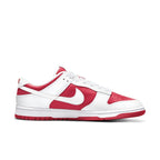 Nike Dunk Low Championship Red 2021 sneaker featuring a white upper and vibrant red accents.