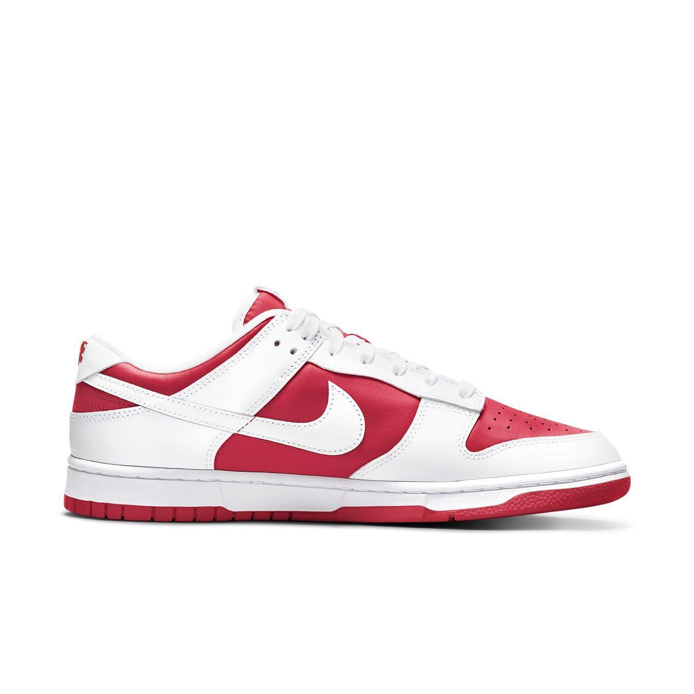 Nike Dunk Low Championship Red 2021 sneaker featuring a white upper and vibrant red accents.