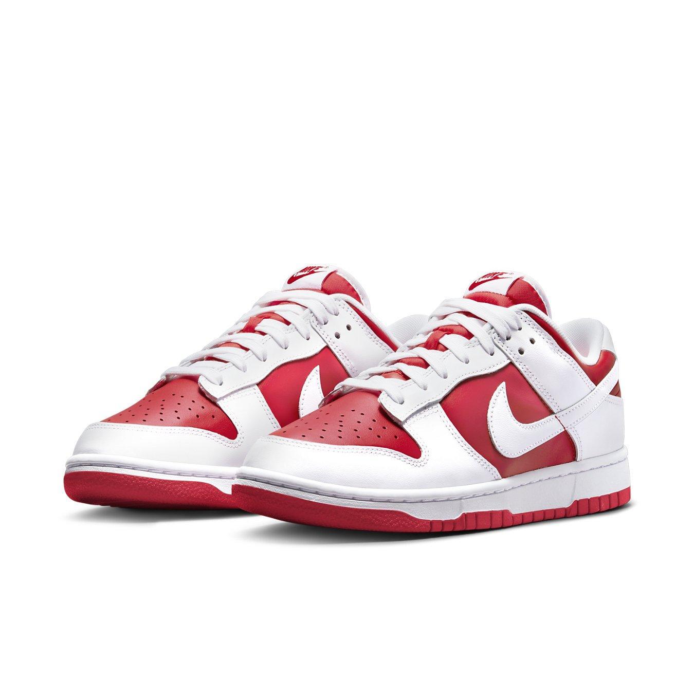 Nike Dunk Low Championship Red 2021 basketball shoes with white and red colorway.