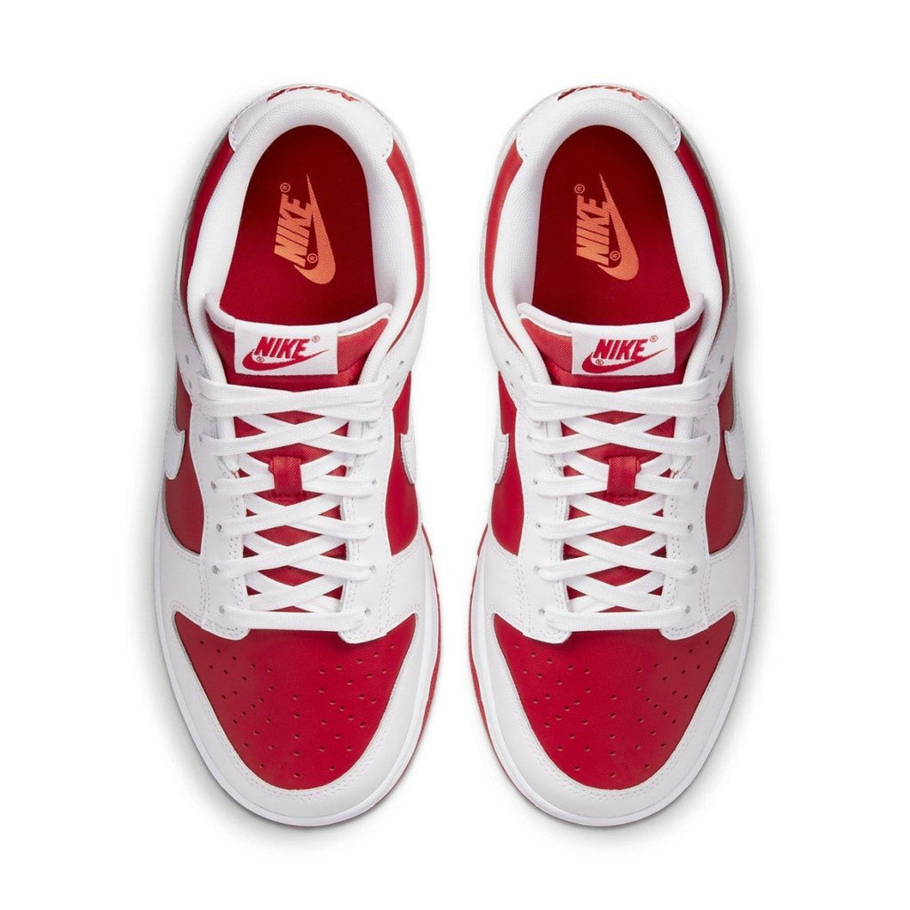 Nike Dunk Low Championship Red 2021 top view with white and red color scheme.