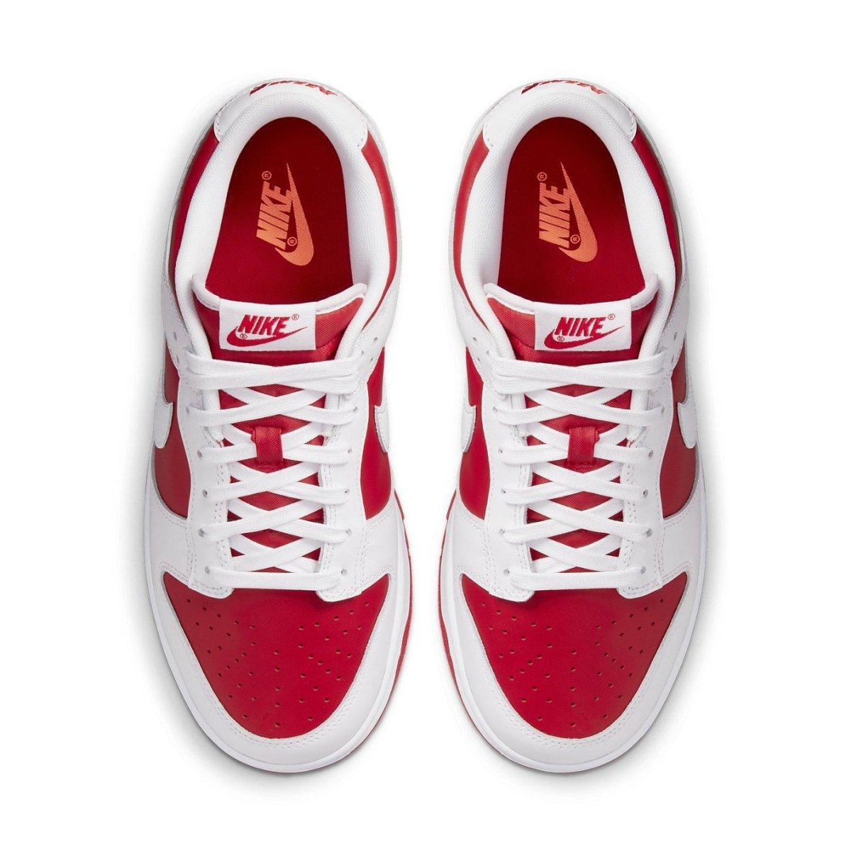 Nike Dunk Low Championship Red 2021 top view with white and red color scheme.