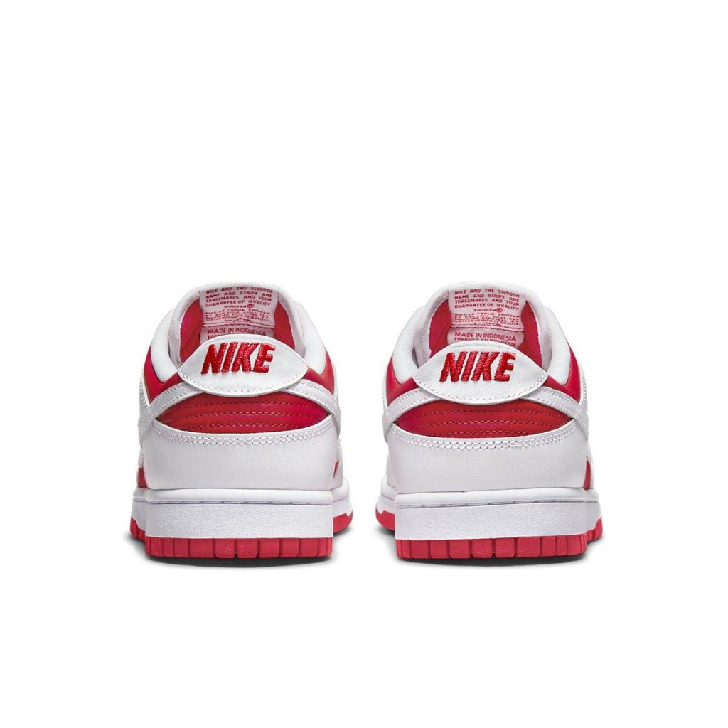 Nike Dunk Low Championship Red (2021) rear view showcasing red and white colorway.