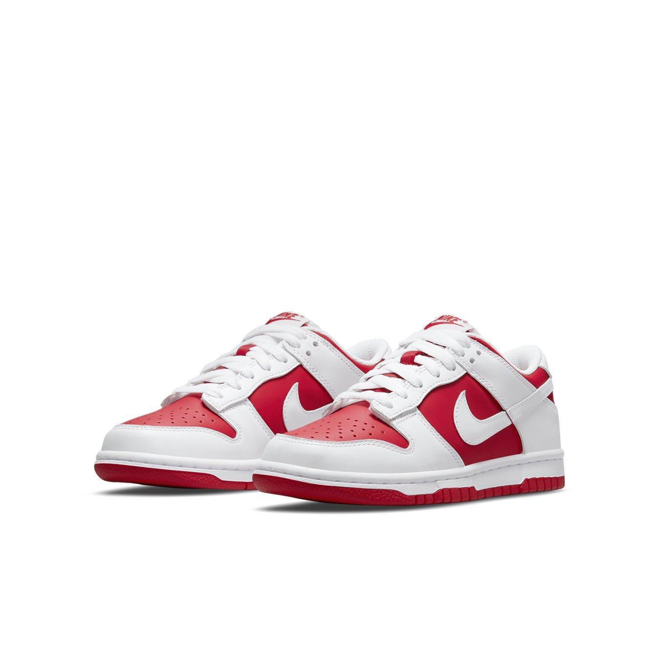 Nike Dunk Low Championship Red (2021) GS sneaker with white and red colorway, perfect for school-age kids.