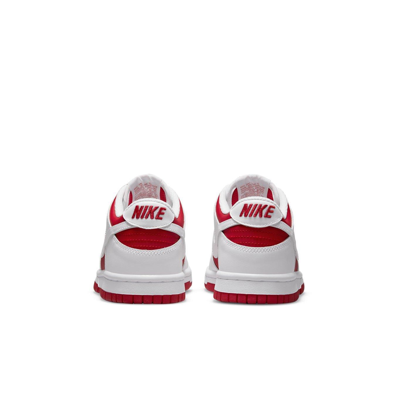 Nike Dunk Low Championship Red (2021) GS rear view showing red and white design, perfect for school kids.