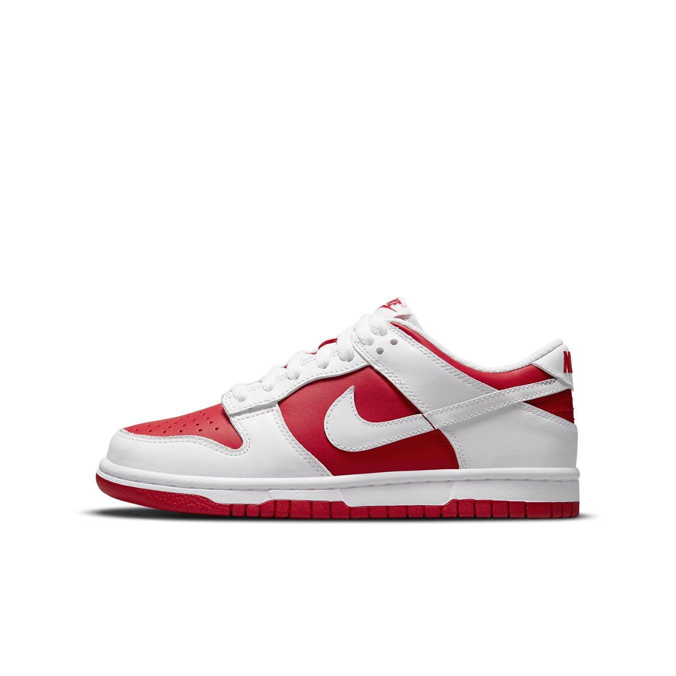 Nike Dunk Low Championship Red (2021) GS in red and white, featuring a classic low-top silhouette.