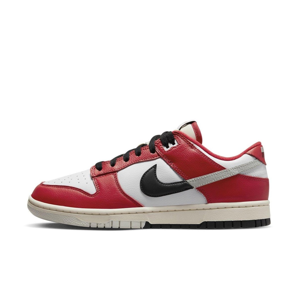 Nike Dunk Low Chicago Split in red and white with a black Swoosh and cream sole.