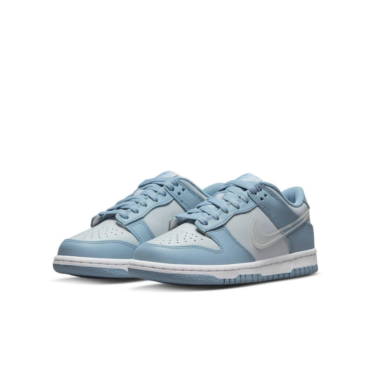 Nike Dunk Low Clear Blue Swoosh (GS) in light blue, featuring premium leather and classic silhouette design.