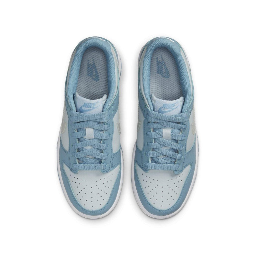 Nike Dunk Low Clear Blue Swoosh GS shoes top view, featuring a light blue colorway and premium leather upper.