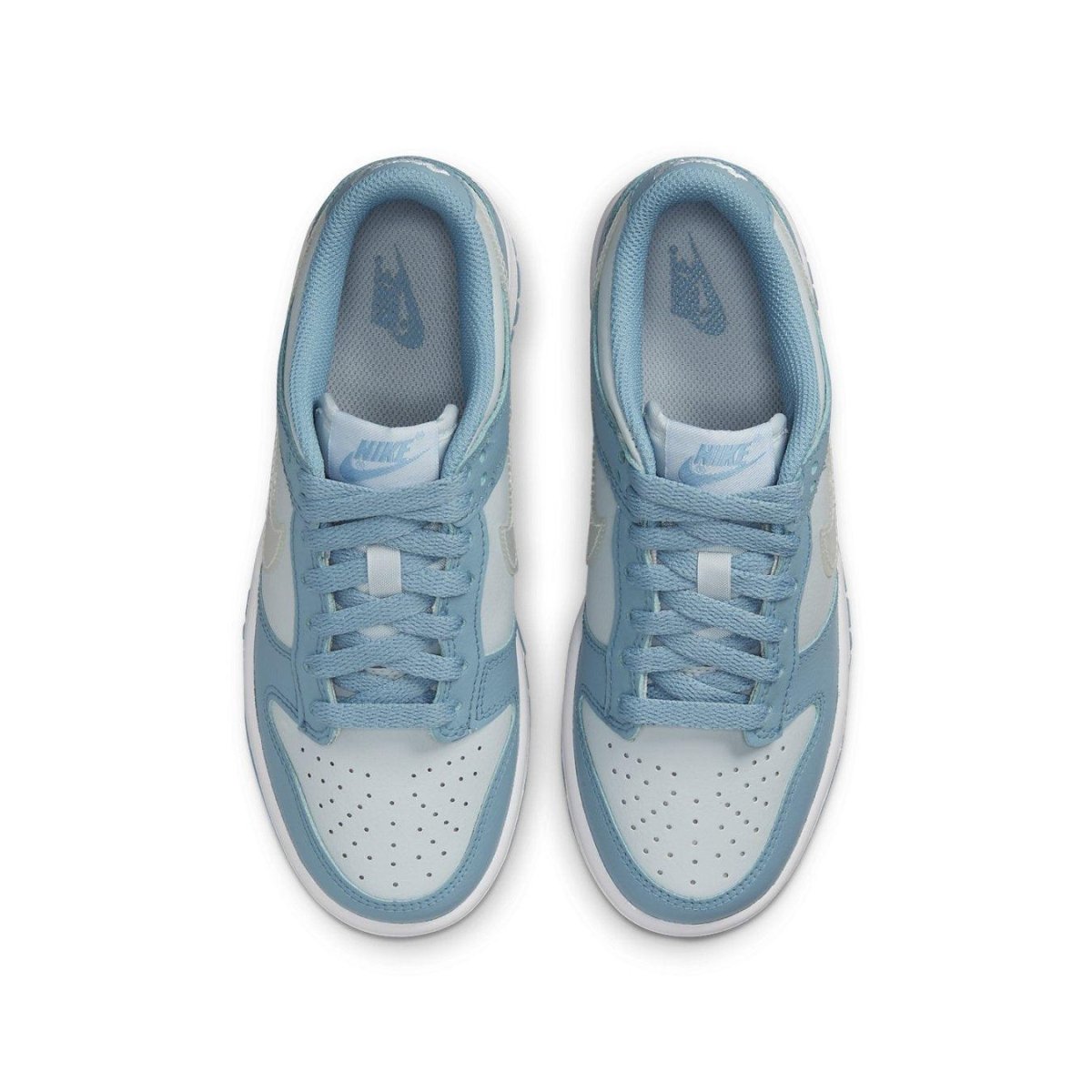 Nike Dunk Low Clear Blue Swoosh GS shoes top view, featuring a light blue colorway and premium leather upper.