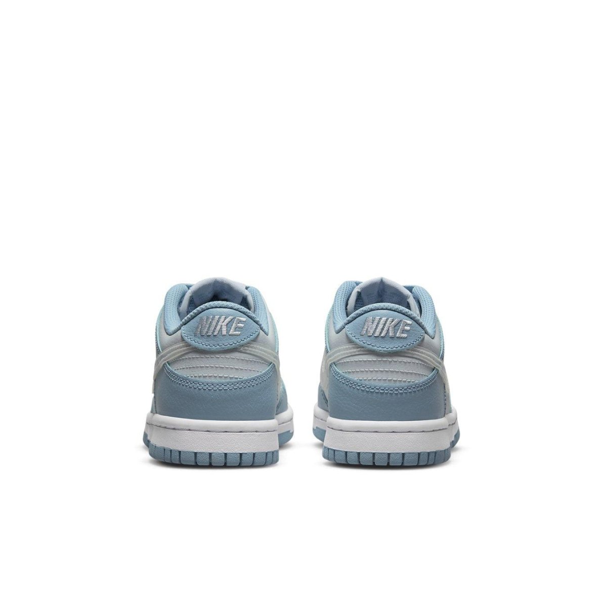 Nike Dunk Low Clear Blue Swoosh GS back view with light blue and gray accents.
