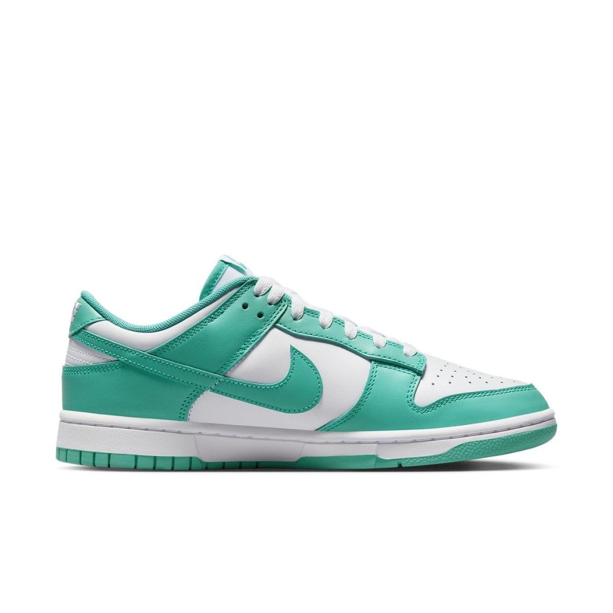 Nike Dunk Low Clear Jade sneakers with white and jade green design side view.