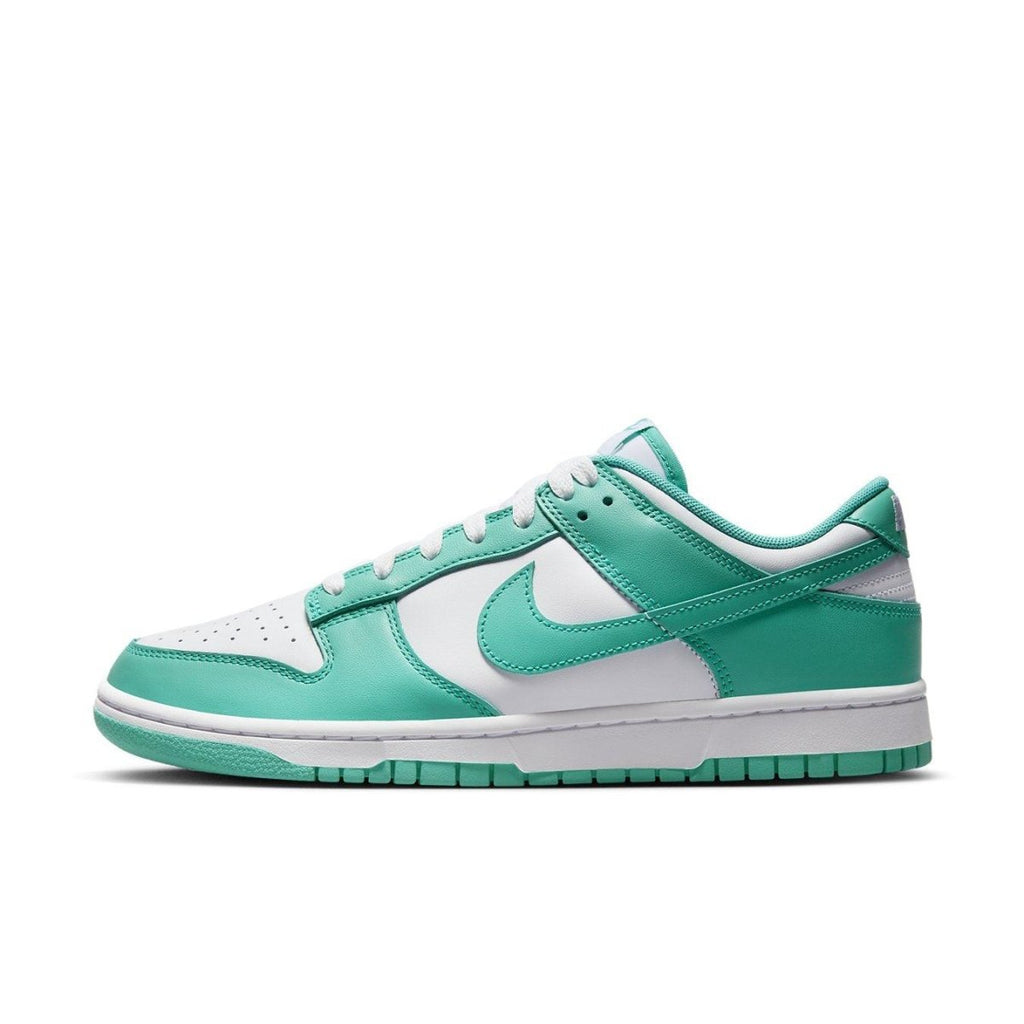 Nike Dunk Low Clear Jade in white and emerald green, featuring a sleek leather upper and iconic Swoosh design.