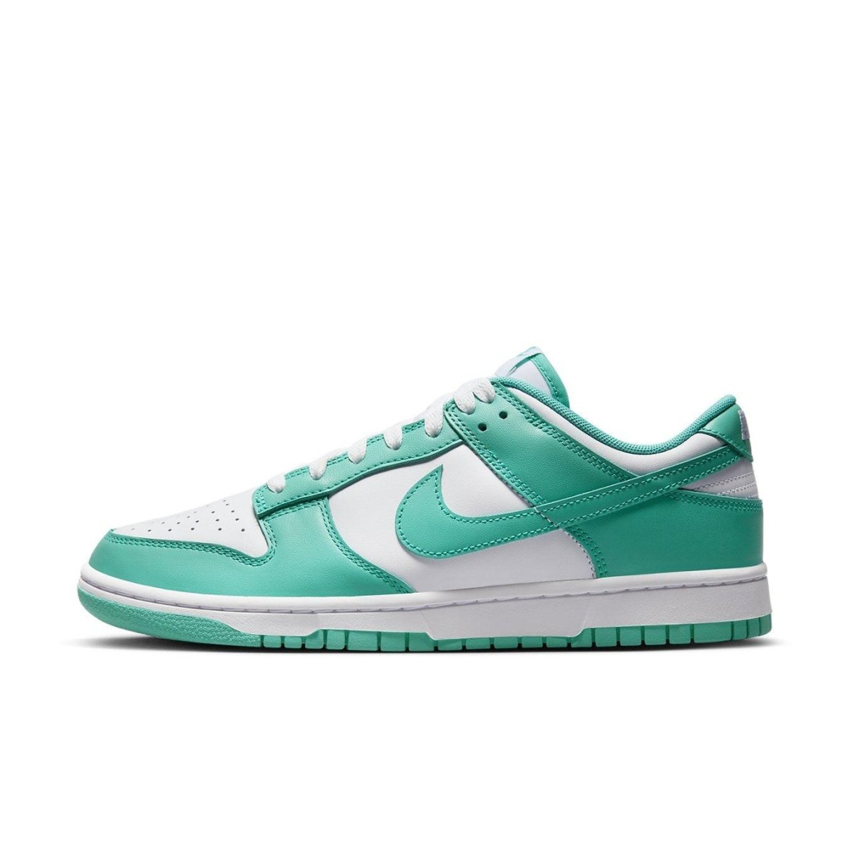 Nike Dunk Low Clear Jade in white and emerald green, featuring a sleek leather upper and iconic Swoosh design.