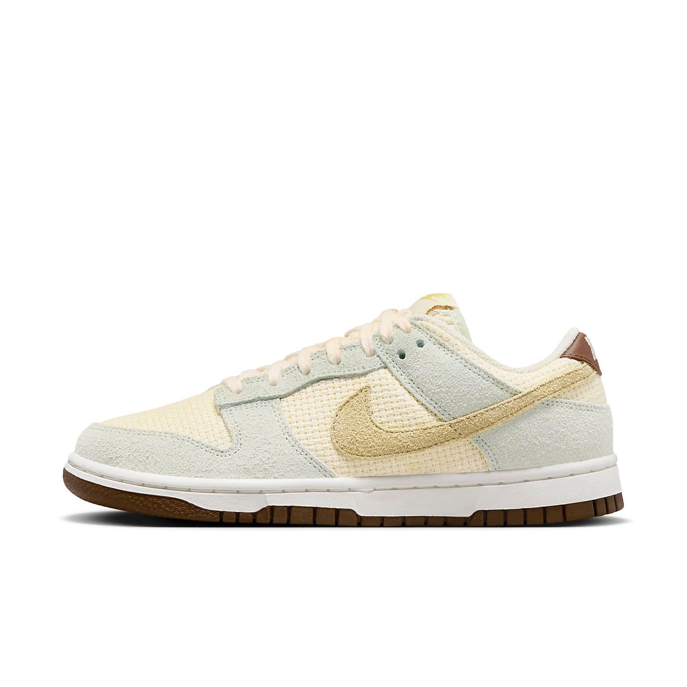 Nike Dunk Low Coconut Milk women's sneakers in pale tones with hemp mesh and premium suede overlays.