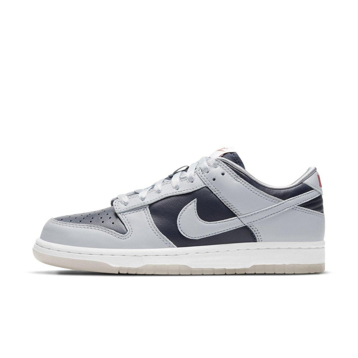 Nike Dunk Low College Navy Grey sneaker side view with bold colorblocking and sleek design.