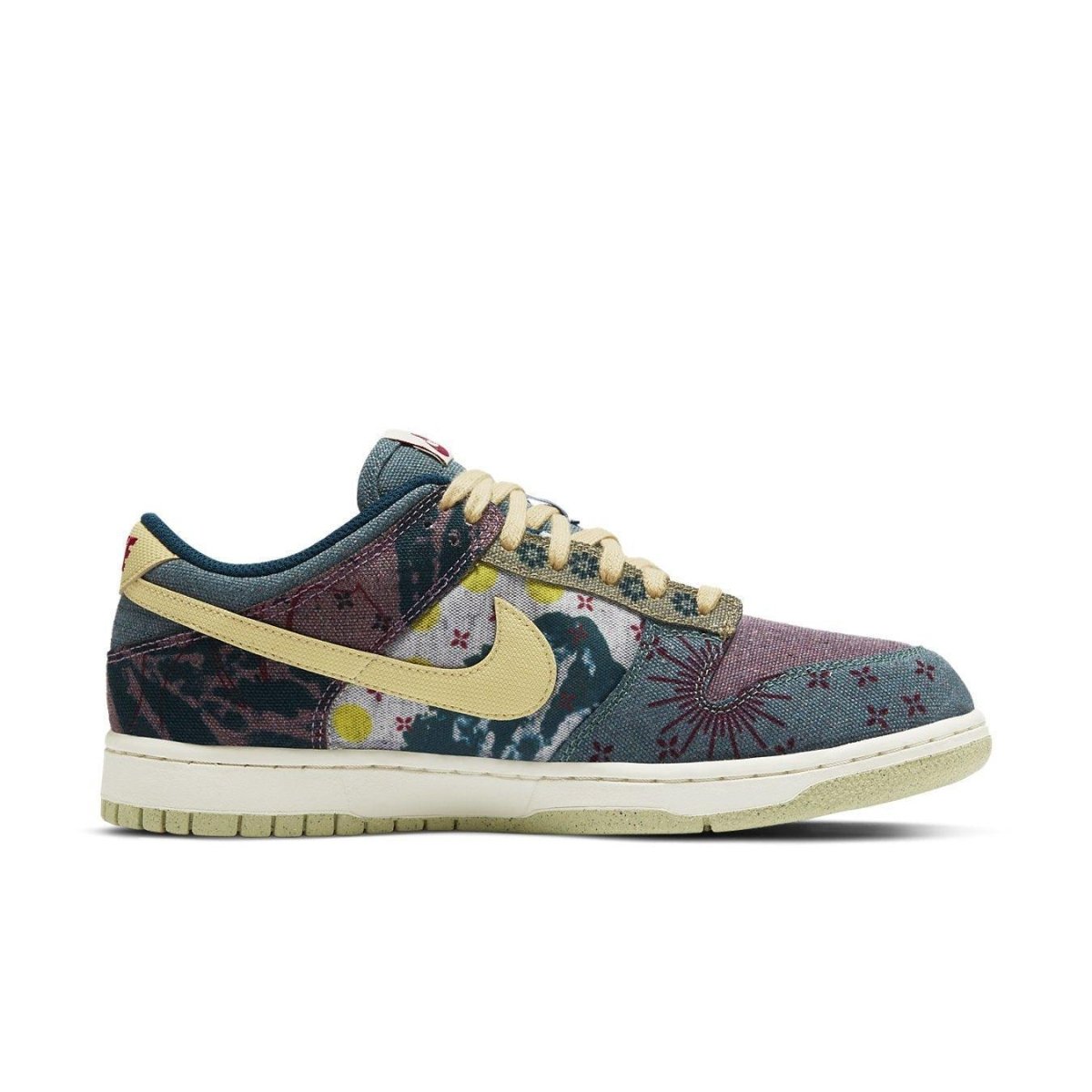 Nike Dunk Low Community Garden styled sneaker featuring collage patterns and earthy tones.