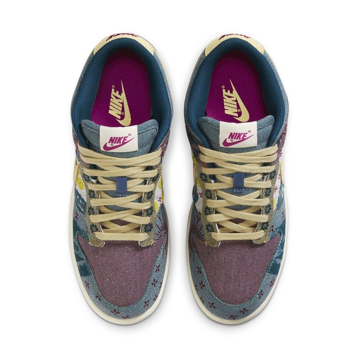Nike Dunk Low Community Garden sneakers featuring a collage design with earth tones and floral patterns.