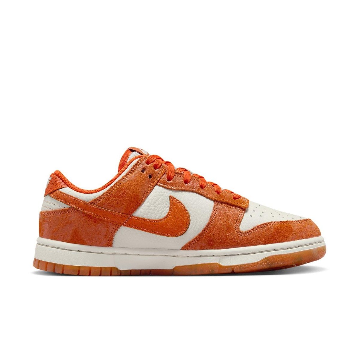 Nike Dunk Low Cracked Orange women's sneakers with ivory and Total Orange suede and leather upper.