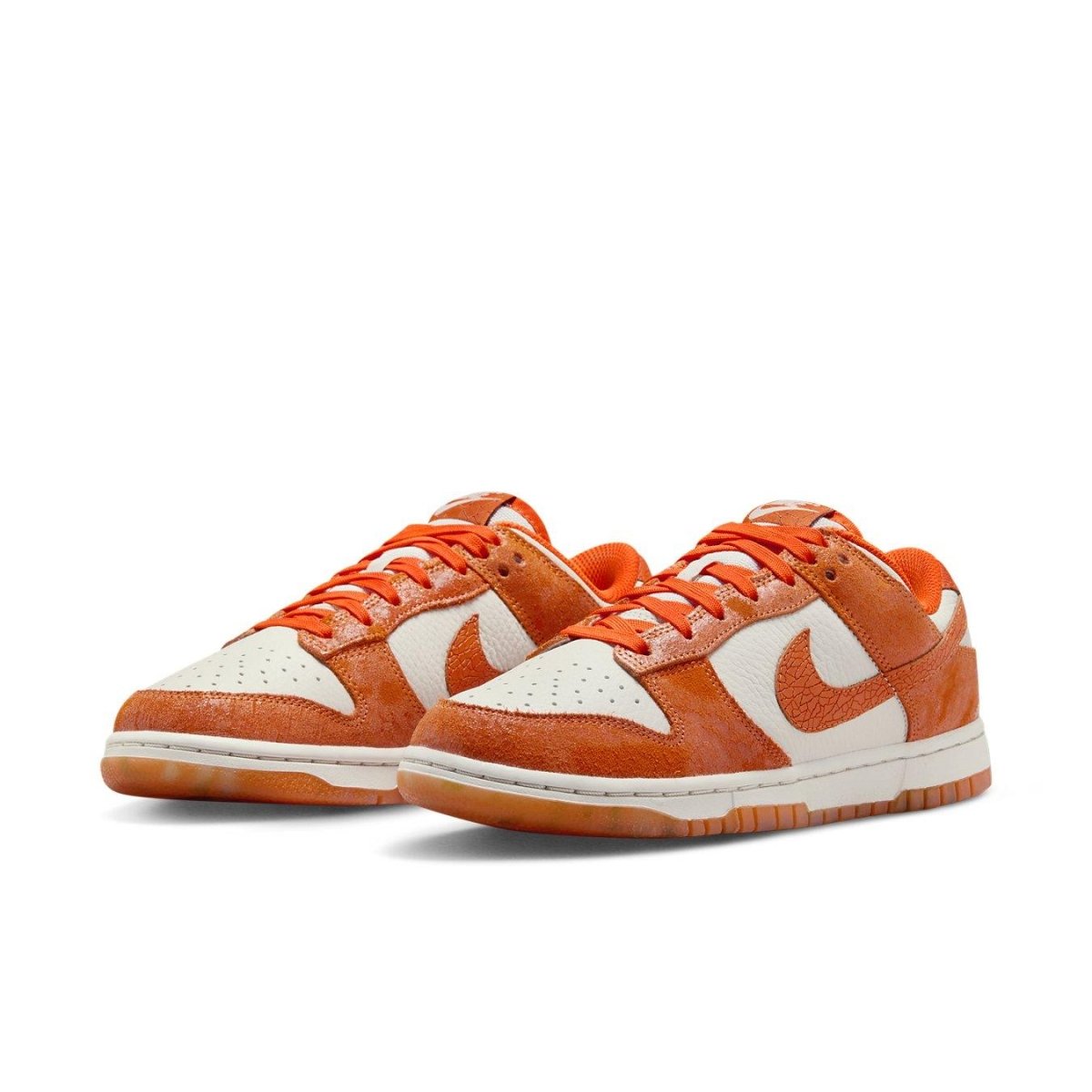 Nike Dunk Low Cracked Orange Women's sneakers with ivory leather and Total Orange suede accents.