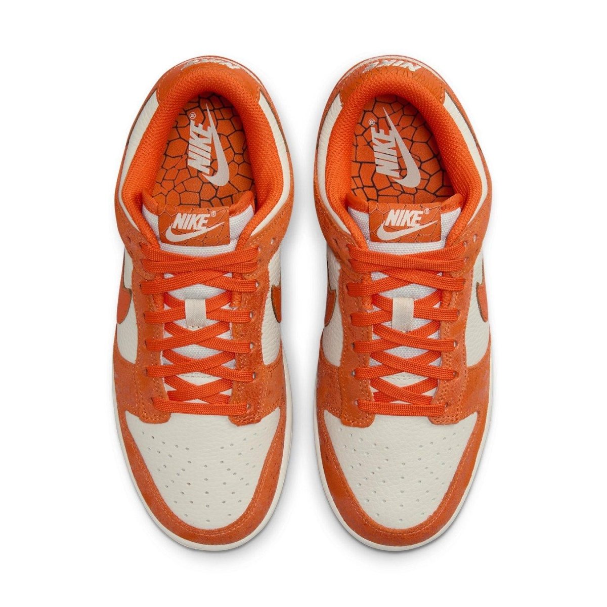 Nike Dunk Low Cracked Orange women's sneakers with ivory leather and Total Orange suede overlays.