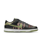 Nike Dunk Low Crazy Camo featuring bold camouflage patterns in black and petrol green.