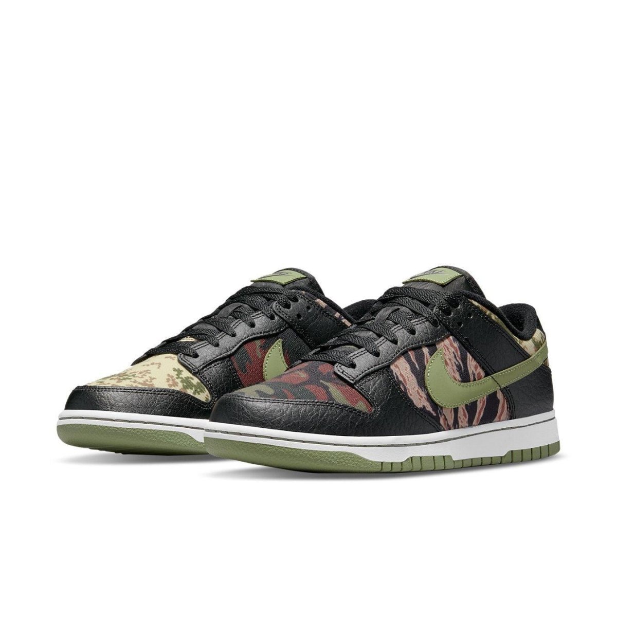 Nike Dunk Low Crazy Camo shoes featuring unique camouflage patterns in black and petrol green.