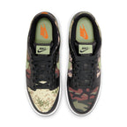 Nike Dunk Low Crazy Camo sneakers featuring black and petrol green camo patterns.