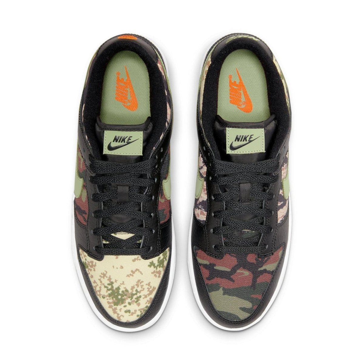 Nike Dunk Low Crazy Camo sneakers featuring black and petrol green camo patterns.
